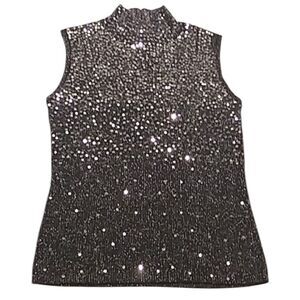 Dress Barn Top Sweater Sequin Sleeveless Metallic Ribbed Black Silver Stretchy S